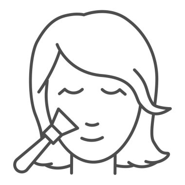 Fırça ince çizgi ikonu, kozmetoloji konsepti, beyaz arka planda makyaj işareti yapan kız yüzü, mobil konsept için tasarım tasarımı için taslak çizgili güzel kadın. Vektör grafikleri.