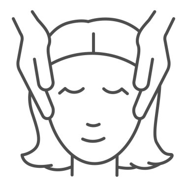 Kız elleri ve kafa inceltme ikonu, spa salonu prosedürü konsepti, beyaz arka planda kadın yüz masajı tabelası, mobil ve web için ana hatlı masaj ikonu. Vektör grafikleri.