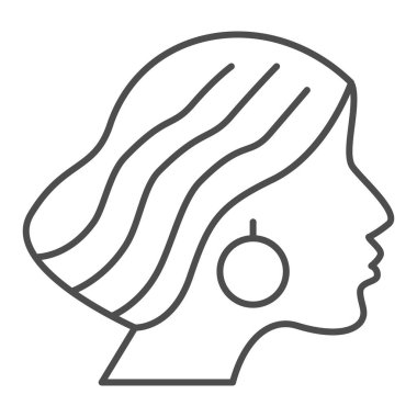 Kadın saç stili, ince çizgi ikonu, güzellik salonu konsepti, beyaz arka planda dalgalı saç stili tabelası olan kız, mobil konsept ve web tasarımı için ana hatlı portre ikonu. Vektör grafikleri.