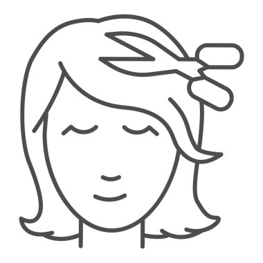 Makas ve kız kafa çizgisi ikonu, kuaför salonu konsepti, beyaz arka planda saç kesimi tabelası, mobil konsept ve web tasarımı için kadın saç stili ikonu. Vektör grafikleri.