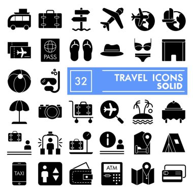 Travel glyph icon set, vacation symbols collection, vector sketches, logo illustrations, tourism signs solid pictograms package isolated on white background, eps 10.