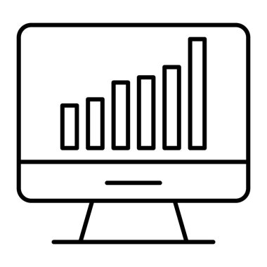 Computer chart thin line icon. Computer with graph vector illustration isolated on white. Diagram on monitor outline style design, designed for web and app. Eps 10.
