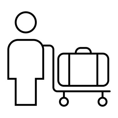 Person and luggage cart thin line icon. Man and baggage cart vector illustration isolated on white. Human with baggage trolley outline style design, designed for web and app. Eps 10.