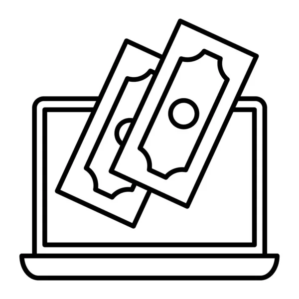 Laptop con icona a linea sottile di banconote. Illustrazione vettoriale di computer e dollari isolata su bianco. Design in stile glifo per notebook e denaro, progettato per web e app. Eps 10 . — Vettoriale Stock