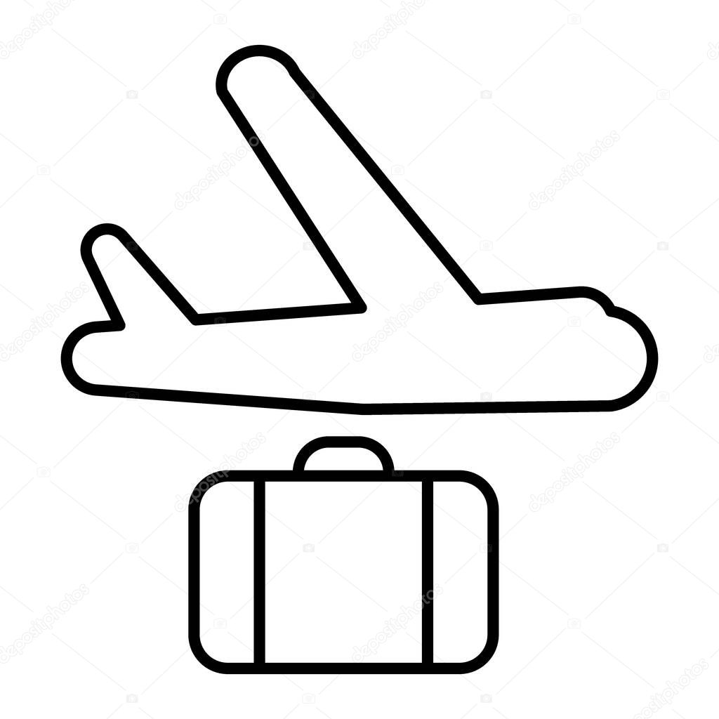 Airplane and suitcase thin line icon. Plane delivery vector illustration isolated on white. Cargo airplane deliver outline style design, designed for web and app. Eps 10.