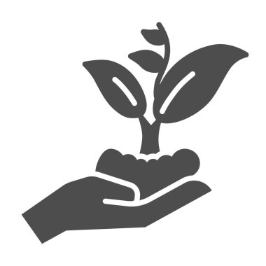 Hand holding seedling in soil solid icon, nature concept, Hand carefully holds sprout with leaves symbol on white background, Sprout icon in glyph style for mobile, web. Vector graphics.