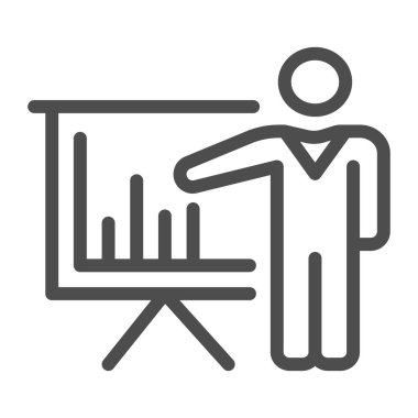 Man with presentation board line icon, Business concept, Person presents diagram on signboard sign on white background, businessman with graph icon in outline style, mobile. Vector graphics.