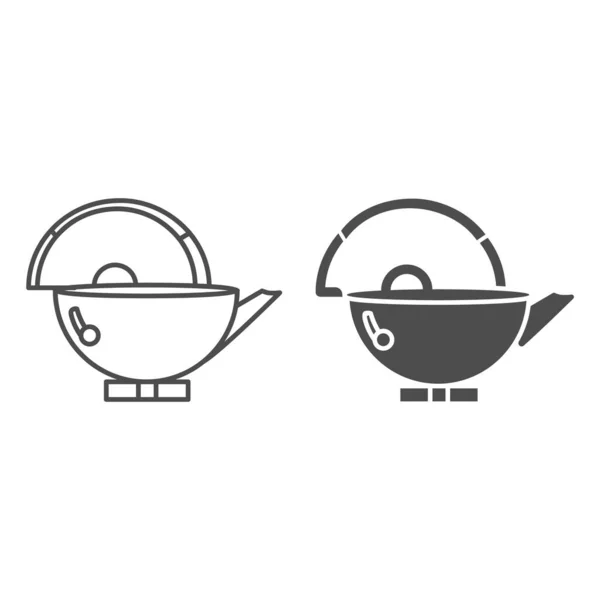 Ligne de pot en céramique de thé vert et icône solide, concept de cérémonie du thé chinois, signe de théière japonaise sur fond blanc, icône de bouilloire dans le style de contour pour concept mobile et web design. Graphiques vectoriels . — Image vectorielle