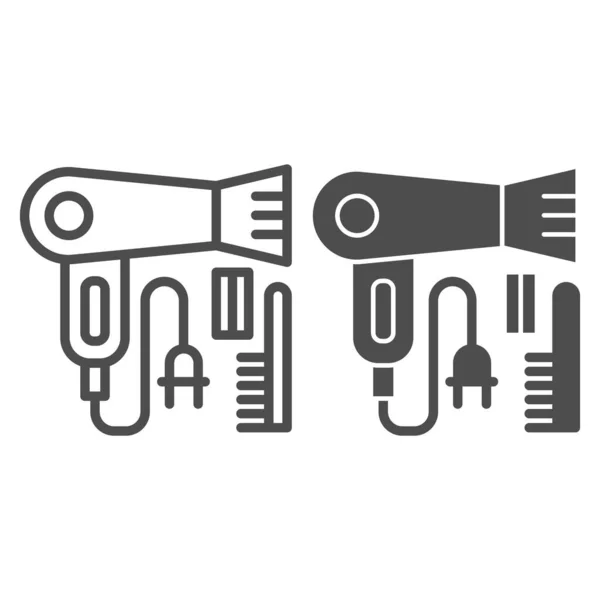 Hairdryer and comb line and solid icon, beauty salon concept, hairdresser tools sign on white background, hair brush and electric hairdryer icon in outline style, mobile and web. Vector graphics. — Stok Vektör