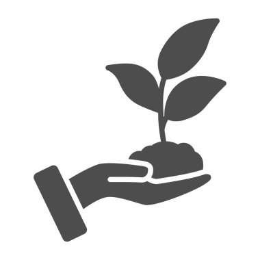 Sprout in hand solid icon, care nature concept, hand and seedling in soil sign on white background, sprout in soil growing from hand icon in glyph style for mobile, web. Vector graphics.