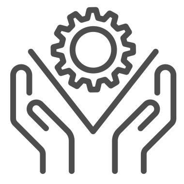 Hands hold gear line icon, business cooperation concept, two hands holding cogwheel sign on white background, gear mechanism in hands icon in outline style for mobile, web. Vector graphics.