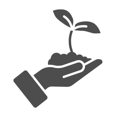 Seedling with two leaves in hand solid icon, gardening concept, Sprout symbol on white background, Young growth in soil on human hand icon in glyph style, mobile concept. Vector graphics.