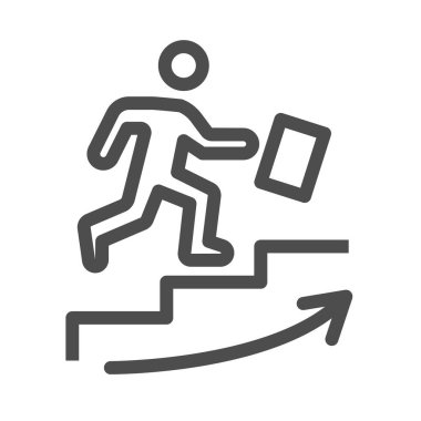 Man climbs up the stairs line icon, business strategy concept, Businessman with suitcase climbing stairs sign on white background, career ladder symbol in outline style. Vector graphics.