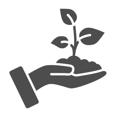 Sprout in a hand solid icon, save nature concept, Sprout symbol on white background, Young growth with three leaves on human hand icon in glyph style for mobile concept. Vector graphics.