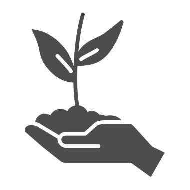 Sprout in hand solid icon, care nature concept, Hand holding seedling in soil symbol on white background, Plant in caring hand icon in glyph style for mobile, web design. Vector graphics.