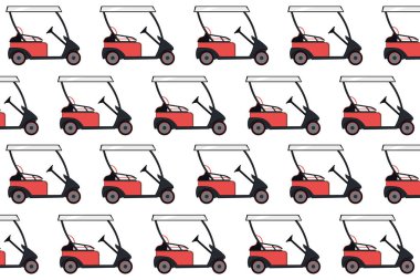 Red colored golf cart pattern on a white background. Electric golf car pattern. Vector illustration. Golf equipment, branding package, fabric print, wallpaper.