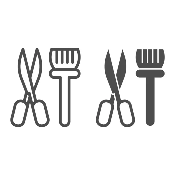 Scissors and brush for hair dyeing line and solid icon, spa salon concept, Hair stylist brush with scissors sign on white background, Hairdressing tools icon in outline style, mobile. Vector graphics. — 스톡 벡터