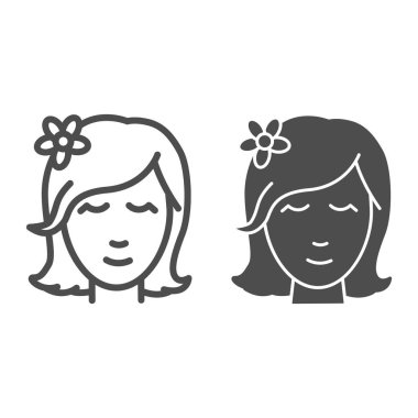 Head of girl with flower in hair line and solid icon, Beauty concept, spa salon logo with woman portrait sign on white background, Beautiful woman wearing flower in hair icon in outline style. Vector.