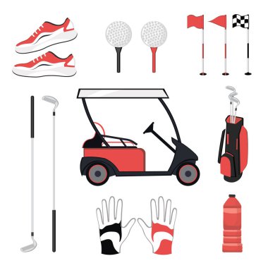 Set of golf equipment isolated on white background. Collection includes clubs, balls, tees, glove, shoes, bottle,car. Clothes and accessories for golfing, sport game, vector illustration.