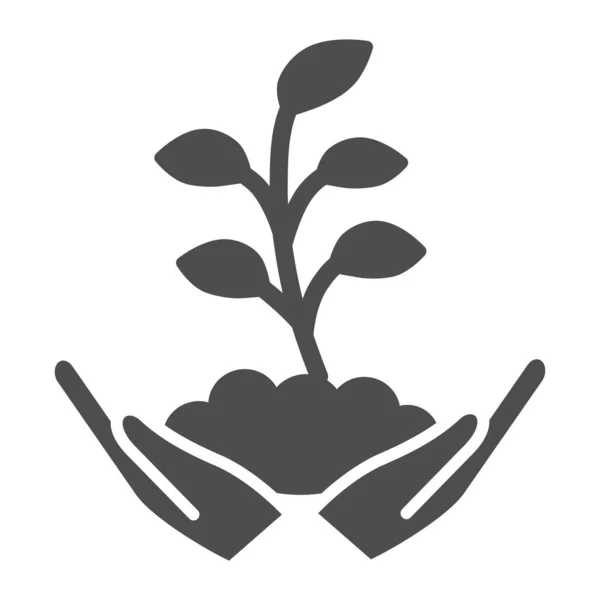 Hand holds small plant with many leaves solid icon, Ecology concept, sprout growing in ground sign on white background, sprout in hands icon in glyph style for mobile, web. Vector graphics. — Stock vektor