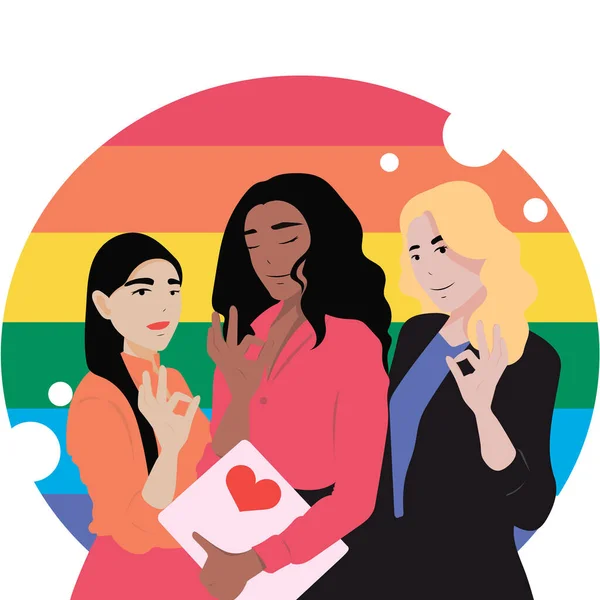 Trois femmes montrant un geste correct avec un drapeau LGBT derrière elles sur fond blanc. Trois jolies filles multiraciales en costumes de bureau avec drapeau arc-en-ciel gay pride. Illustration vectorielle. — Image vectorielle