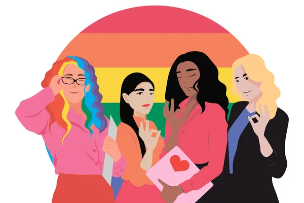 Quatre femmes d'affaires souriantes montrant un geste correct et un drapeau LGBT derrière elles sur fond blanc. Jeune groupe lesbien avec forme ronde gay pride drapeau arc-en-ciel. Concept LGBT. Illustration vectorielle. — Image vectorielle