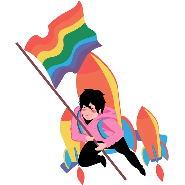 Młody homoseksualista latający rakietami i trzymający tęczową flagę. Start rakiety z młodym gejem w kapturze z wielobarwną flagą lgbt na białym tle. Ilustracja wektora. Koncepcja dumy LGBT. — Wektor stockowy