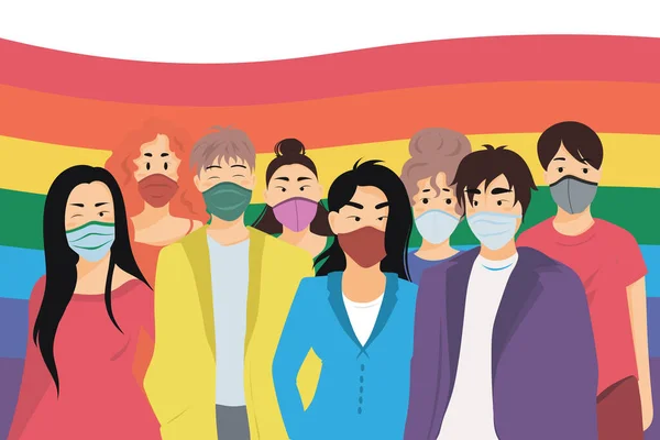 Groupe d'homosexuels portant des masques médicaux avec drapeau LGBT derrière eux. Défilé LGBT pendant le concept de quarantaine contre le coronavirus. Communauté LGBT sur fond de couleur arc-en-ciel. Illustration vectorielle. — Image vectorielle
