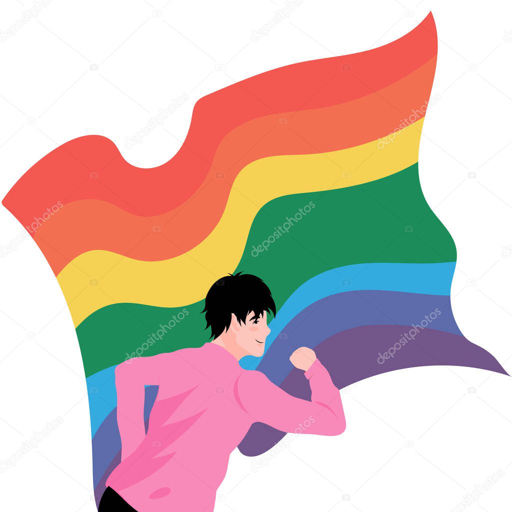 Portrait of young gay running with rainbow flag behind him. Vector illustration on white background. Homosexual man in pink shirt with rainbow color flag. LGBT pride concept.