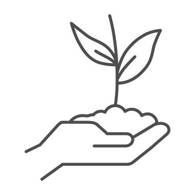 Sprout in hand thin line icon, care nature concept, Hand holding seedling in soil symbol on white background, Plant in caring hand icon in outline style for mobile, web design. Vector graphics.