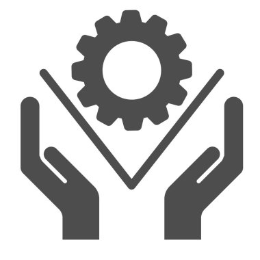 Hands hold gear solid icon, business cooperation concept, two hands holding cogwheel sign on white background, gear mechanism in hands icon in glyph style for mobile, web. Vector graphics.
