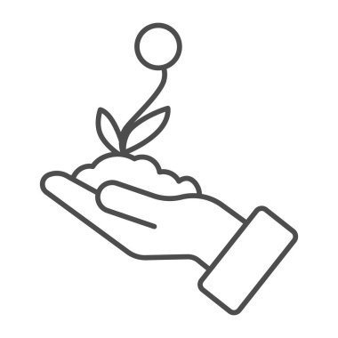 Flower seedling with soil in hand thin line icon, save nature concept, flower in soil and hand sign on white background, caring for nature human hand icon in outline style. Vector graphics.