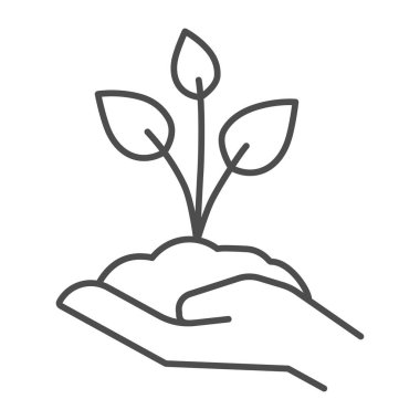 Young sprout with three leaves in hand thin line icon, save nature concept, seedling with handful of soil on human palm sign on white background, young plant icon, outline style. Vector graphics.