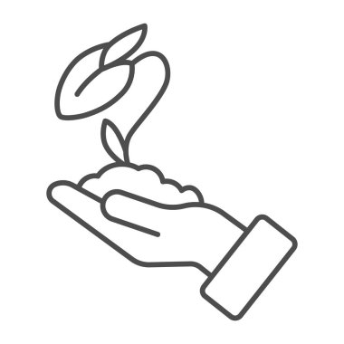 Human hand holds closed flower bud in soil thin line icon, ecology concept, closed blossom sign on white background, Flower grows in farmer hands icon in outline style, mobile. Vector graphics.