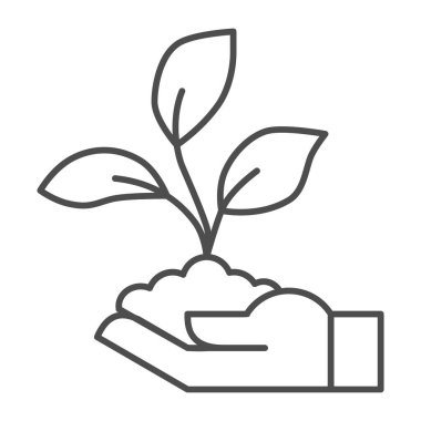 Sprout in hand thin line icon, ecology concept, Hand holding seedling with three leaves sign on white background, palm with sprout icon in outline style for mobile and web design. Vector graphic.