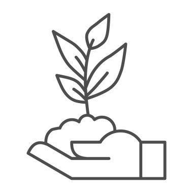 Human hand holds seedling with leaves thin line icon, agriculture concept, sprout with handful of soil on hand sign on white background, palm holds plant icon in outline style. Vector graphics.