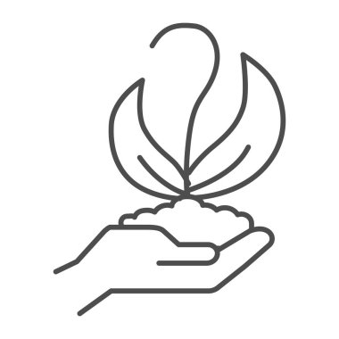 Young sprout on hand thin line icon, ecology concept, gardening plant in soil symbol on white background, Hand carefully holds seedling with two leaves icon in outline style. Vector graphics.