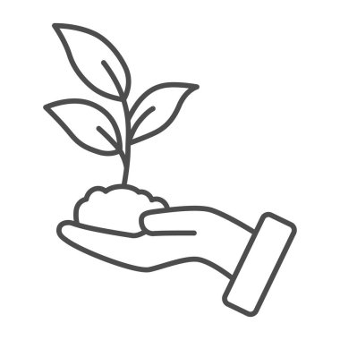 Sprout in hand thin line icon, care nature concept, hand and seedling in soil sign on white background, sprout in soil growing from hand icon in outline style for mobile, web. Vector graphics.