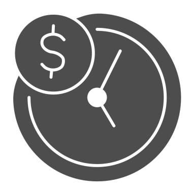 Clock and dollar solid icon, business concept, Dollar coin with clock watch sign on white background, Time is money icon in glyph style for mobile concept and web design. Vector graphics.