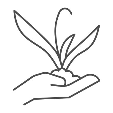 Plant sprout in hand thin line icon, gardening concept, Flower plant in hand sign on white background, Human palm holds young sprout icon in outline style for mobile, web design. Vector graphics.
