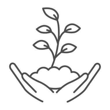 Hand holds small plant with many leaves thin line icon, Ecology concept, sprout growing in ground sign on white background, sprout in hands icon in outline style for mobile, web. Vector graphics.