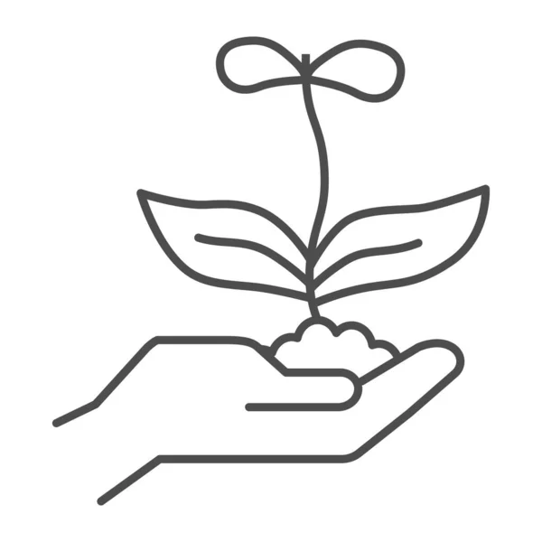 Young flower with two petals in hand thin line icon, nature concept, spring flower blossom sign on white background, Hand holding growing flower with soil icon in outline style. Vector graphics. — Wektor stockowy