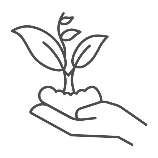 Hand holding seedling in soil thin line icon, nature concept, Hand carefully holds sprout with leaves symbol on white background, Sprout icon in outline style for mobile, web. Vector graphics. — Stock Vector