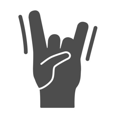Kaya el hareketi, sağlam ikon, müzik festivali konsepti, beyaz arka planda rock and roll tabelası, hard rock veya mobil ve web tasarımı için glyph tarzı heavy metal el ikonu. Vektör grafikleri.