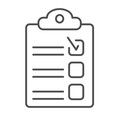 Kontrol listesi ince çizgi simgesi, iş konsepti, beyaz arkaplanda pano işareti, gezici konsept ve web tasarımı için ana hatları simgesi olan notlar için klip tahtası. Vektör grafikleri.