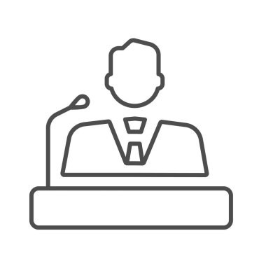 Sözcü ince çizgi ikonu, iş iletişimi konsepti, beyaz arkaplanda öğretim görevlisi imzası, mobil konsept ve web tasarımı için tribün ikonundan konuşan Orator. Vektör grafikleri.