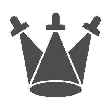 Üç projektörlü sahne katı ikon, müzik festivali konsepti, beyaz arka planda sahne aydınlatma tabelası, mobil konsept ve web tasarımı için sembol şeklinde spot ışıkları. Vektör grafikleri.