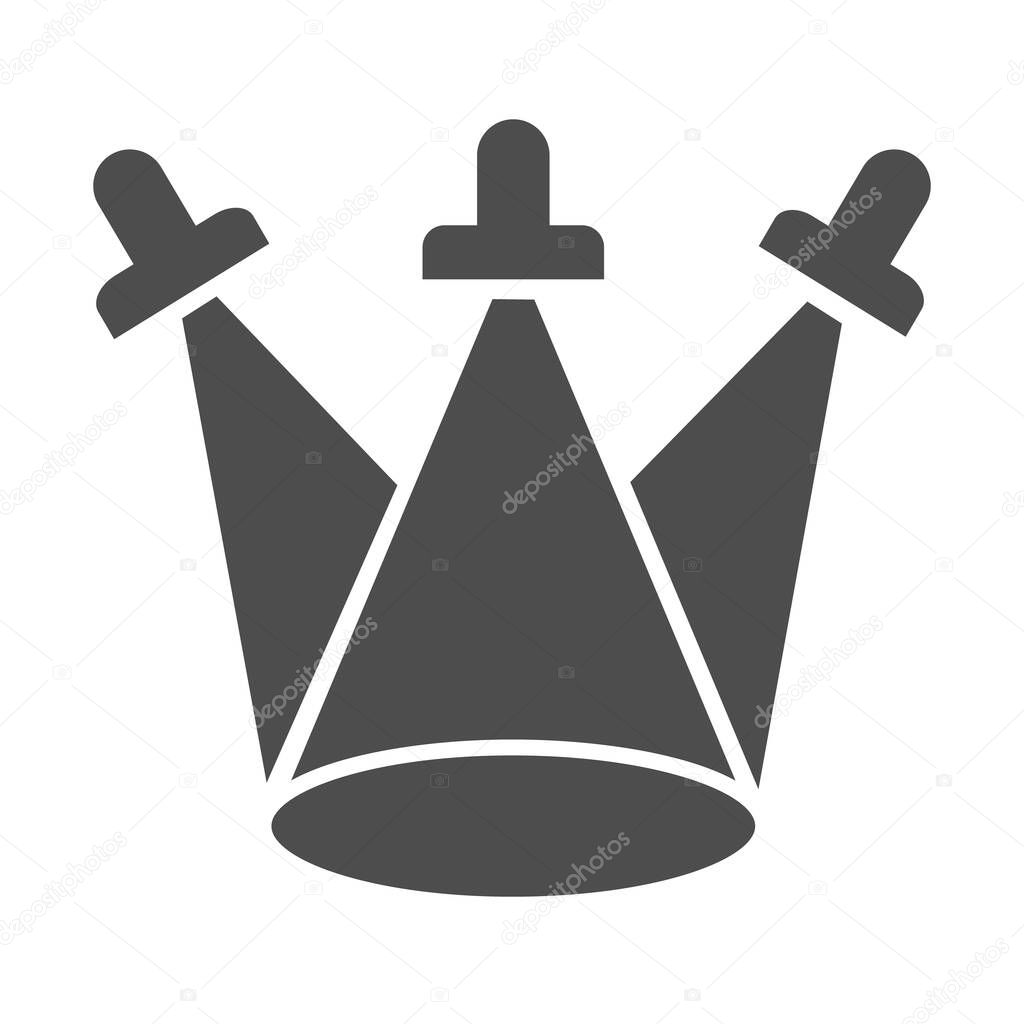 Scene with three projectors solid icon, Music festival concept, scene lighting sign on white background, spotlights icon in glyph style for mobile concept and web design. Vector graphics