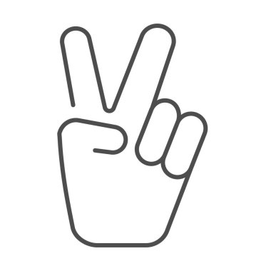 El, zafer işareti, ince çizgi simgesi, el hareketleri konsepti, beyaz arka planda zafer işareti, mobil konsept ve web tasarımı için ana hatlı barış hareketi ikonu. Vektör grafikleri.