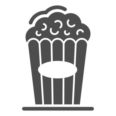 Patlamış mısır katı ikonu, sinema konsepti, beyaz arka planda sinema yemek tabelası, mobil konsept ve web tasarımı için glifli kutu ikonu içinde patlamış mısır. Vektör grafikleri.